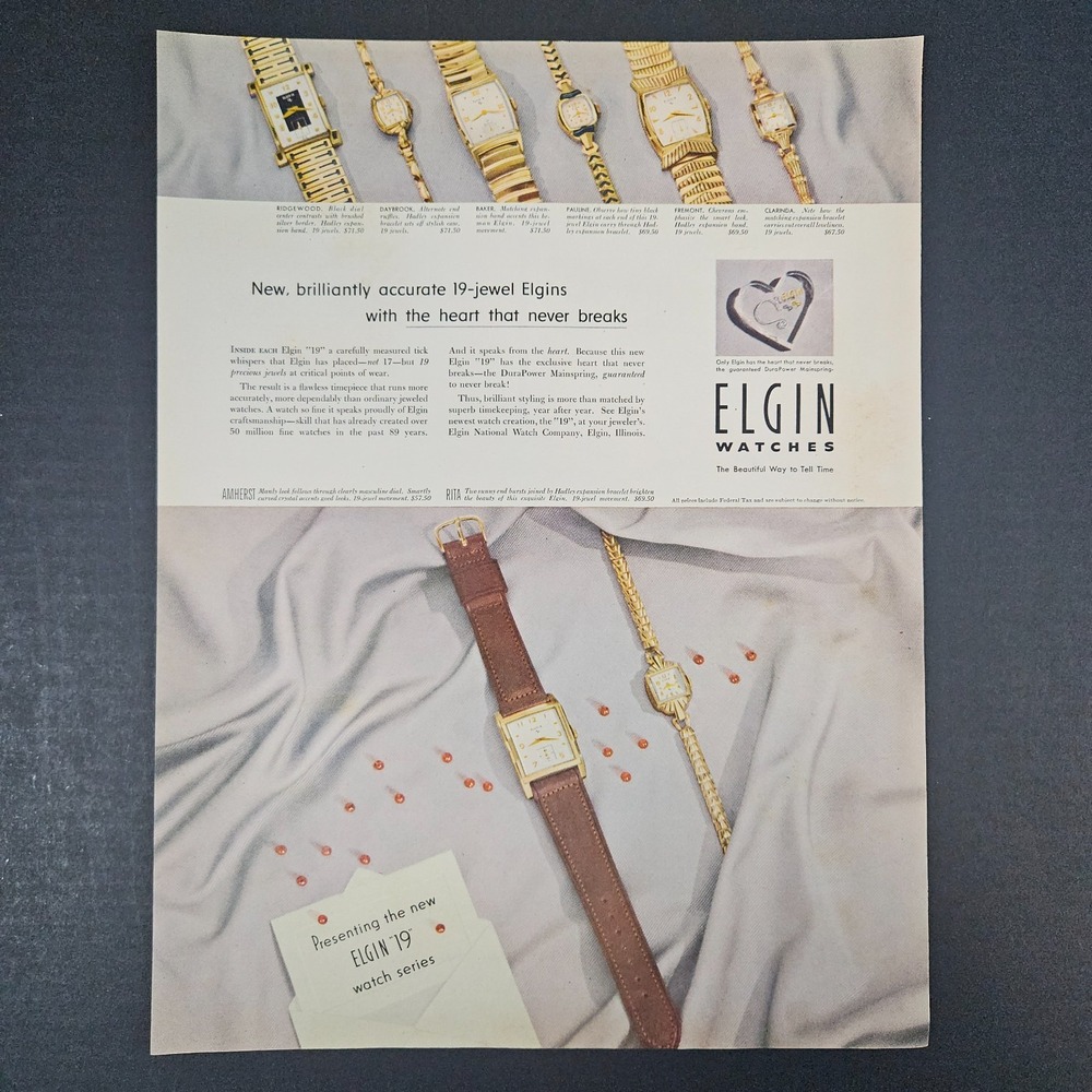 1953 Elgin Watches Vintage Print Ad Amherst Rita Ridgewood Daybrook Pauline